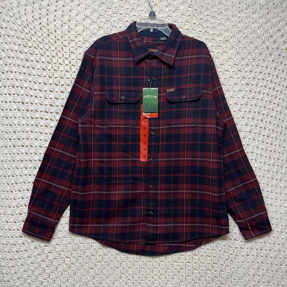 Orvis Heavyweight Flannel Shirt Plaid Mens Sz M Red Sangria Brushed Long Slv NWT
